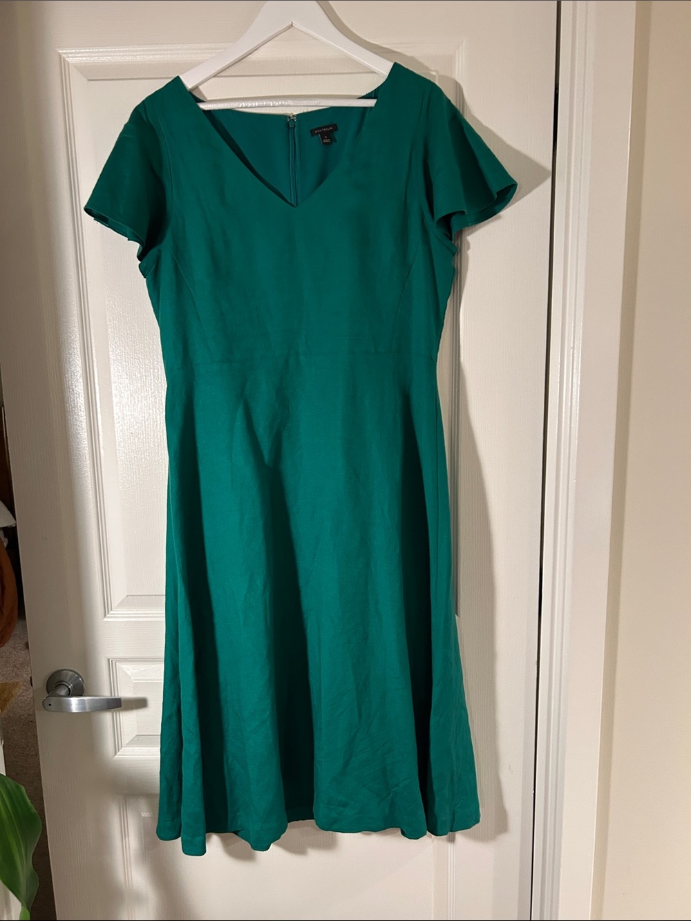 Ann Taylor Green Fit-and-Flare V-Neck Dress